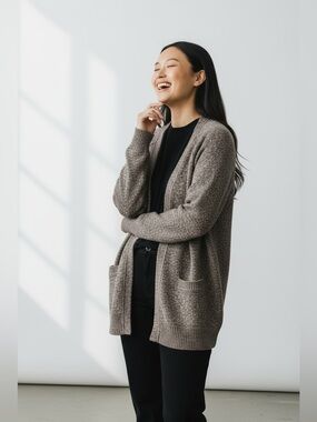Lucky Brand Nubby Oversized Marled Brown Open-Front Parch Pocket Cardigan SzM